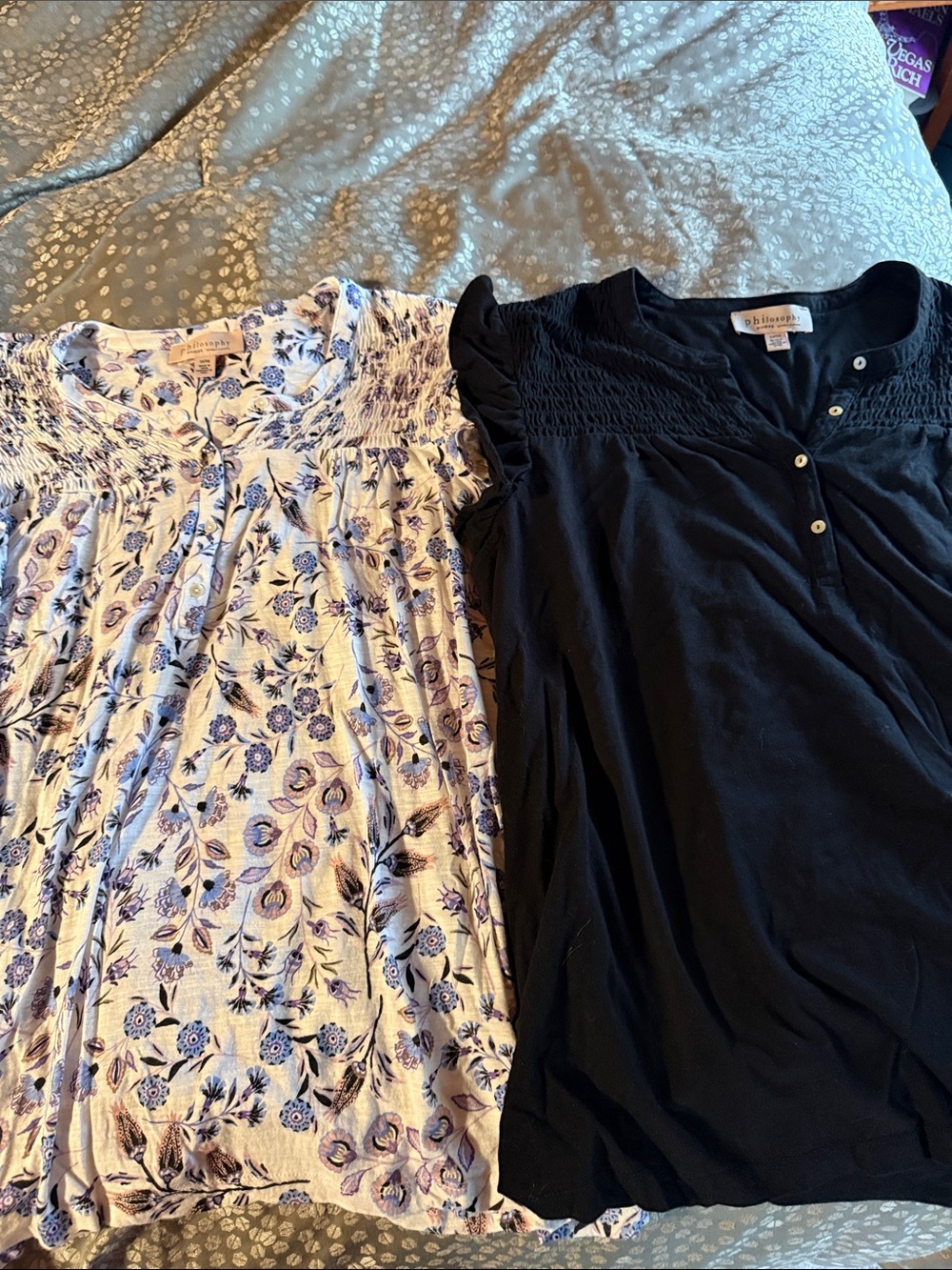 Two Philosophy Black and Floral Short Sleeve Smocked Yoke Tee